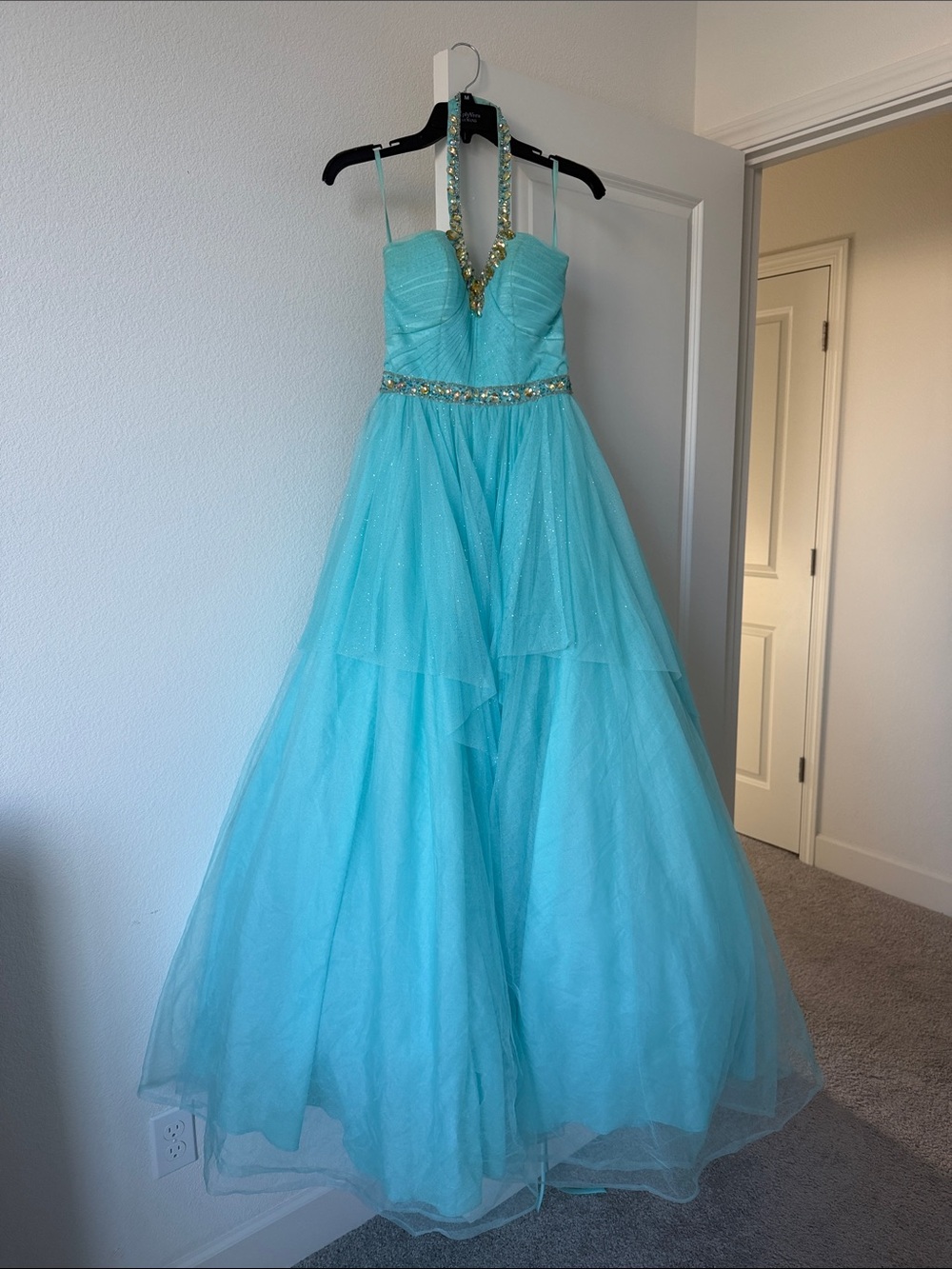 Aqua Halter Tulle Prom Gown with Jeweled Waist